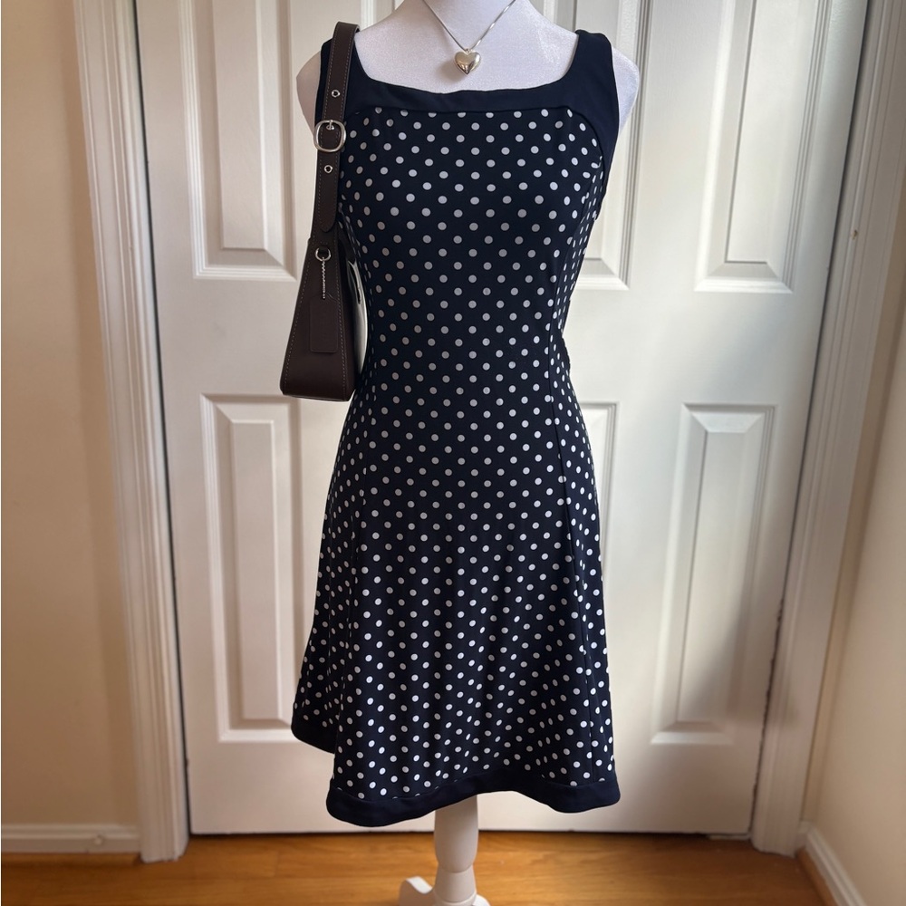 Chaps Navy and White Polka Dot Midi Dress